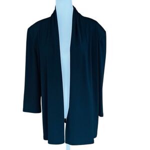 KASPER black open front jacket, 3/4 sleeves, polyester and elastane blend.